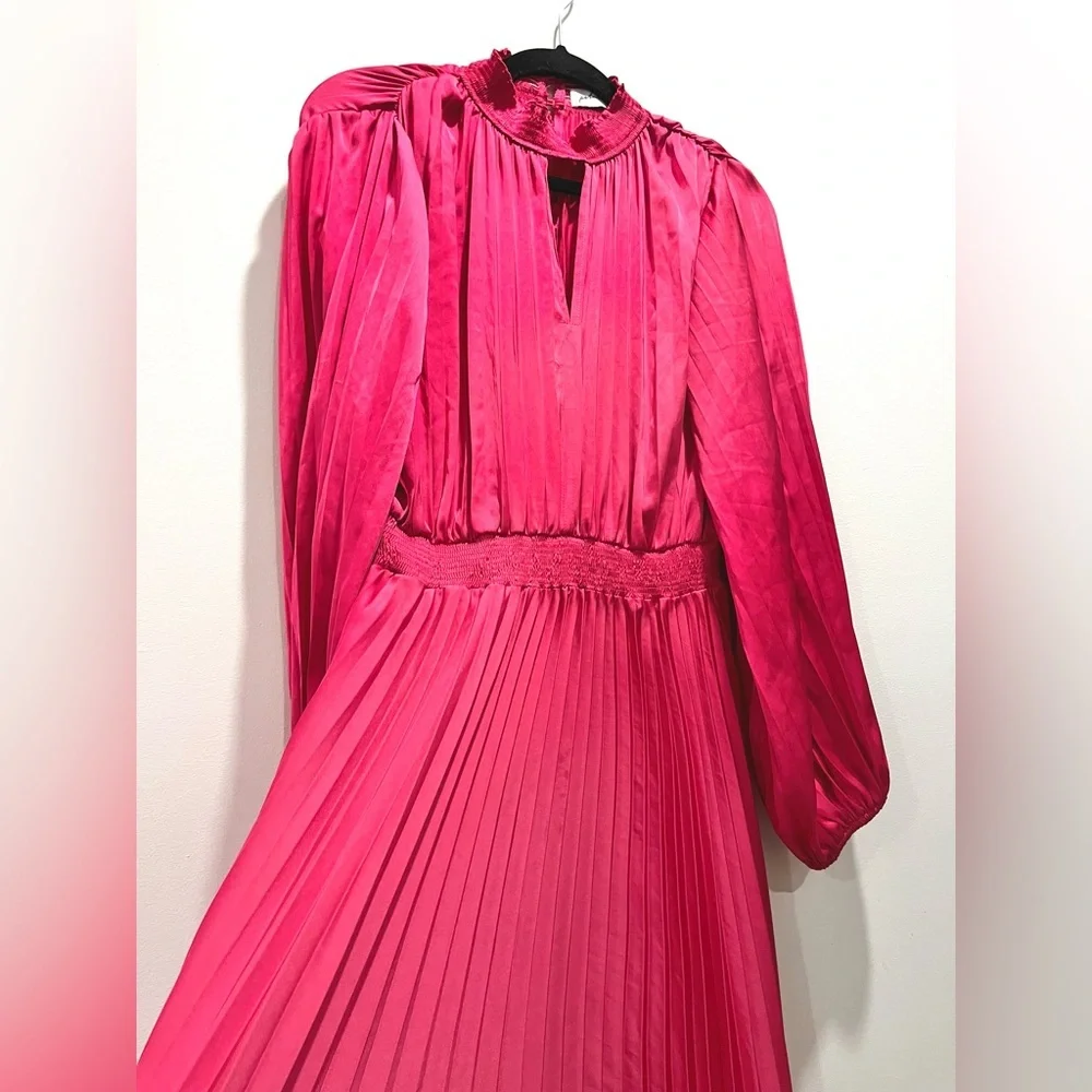 Petal & Pup Pleated Long Sleeve Midi Semi Formal Pink Satin Cocktail Dress US 8 - Picture 9 of 12